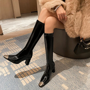 朴彩英同款 靴 漆皮方头高筒长靴显瘦骑士靴女粗跟高跟秋冬加绒爆款