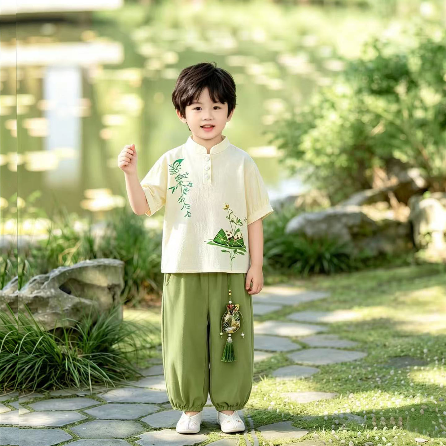 儿童汉服男童棉麻套装夏季薄款中式古风短袖宝宝端午节唐装表演服