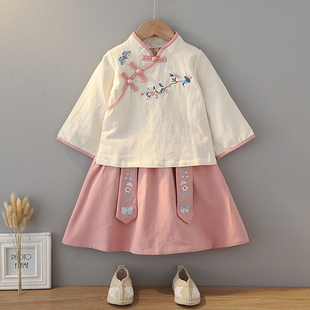 三月三民族服装儿童女童汉服春秋长袖中国风套装棉麻超仙唐装古装