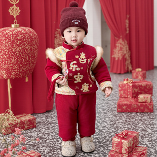 套装 拜年服周岁男宝礼服加绒加厚冬季 女宝宝红色喜庆儿童棉衣棉裤
