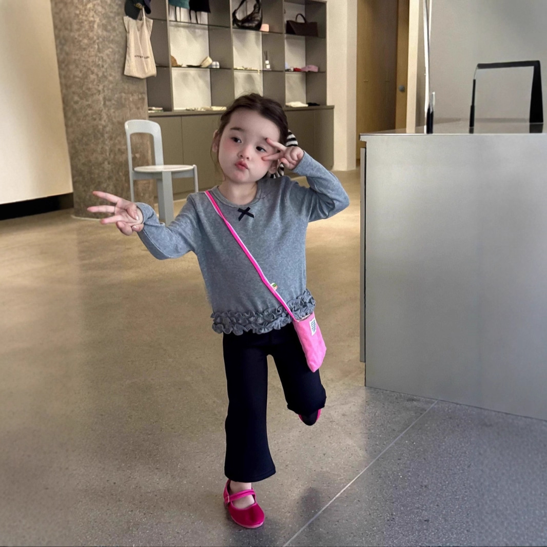 女童秋装蝴蝶结长袖T恤女宝宝洋气童装打底衫春秋儿童纯色上衣潮