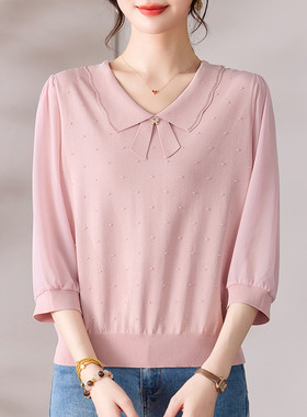 声雨竹折扣2026新款女装桑蚕丝上衣T恤蝴蝶领优雅7分袖大码妈妈装