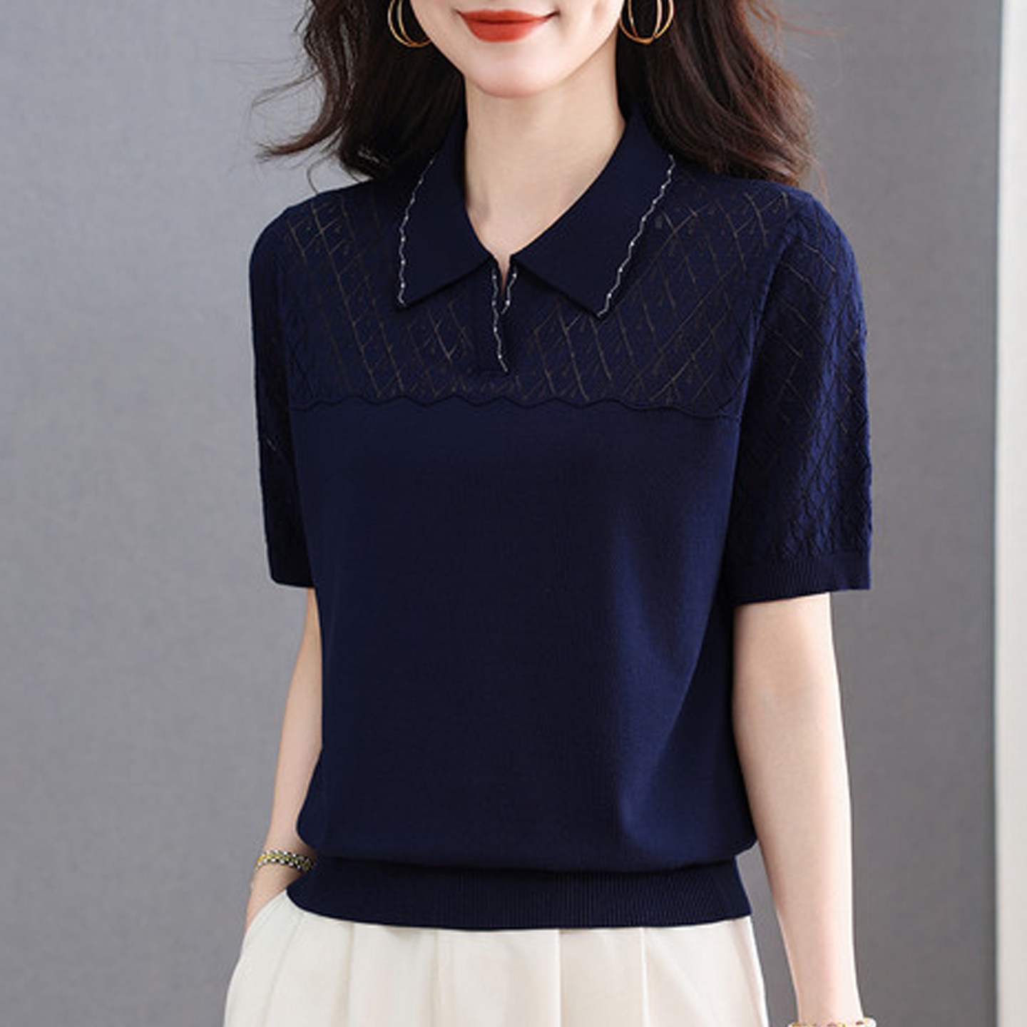 声雨竹2026新款夏季桑蚕丝Polo衫短袖上衣女高端真丝银条时尚T恤
