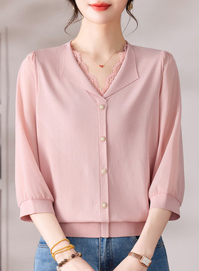 声雨竹折扣2026新款7分袖上衣女装T桑蚕丝翻领蕾丝边时尚显瘦衬衫