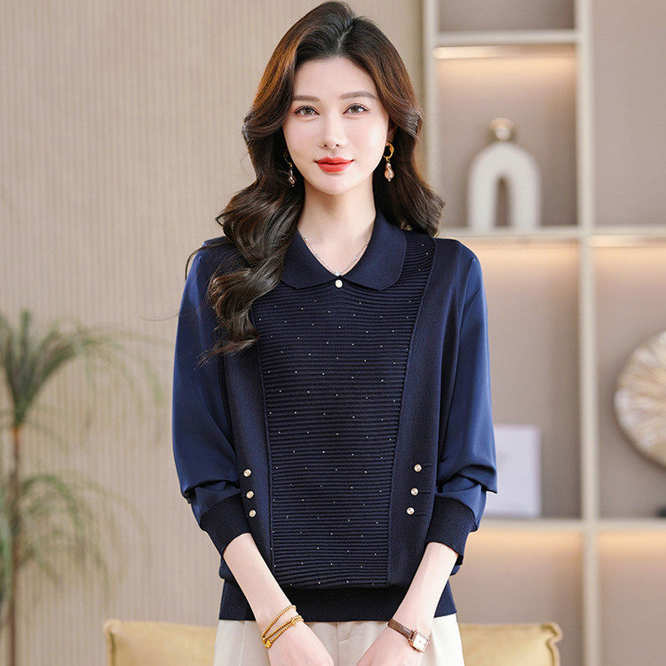 声雨竹折扣店2026新款桑蚕丝长袖上衣女T翻领洋气钉珠亮丝小衬衫
