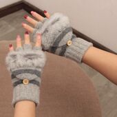 女士保暖气质款 韩版 冬季 针织羊毛真兔毛翻盖灵活两用开车半指手套