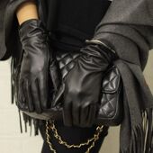 冬季 手套加绒保暖手套气质款 短款 韩版 PU皮手套皱褶皮五指手套女款