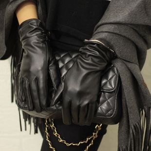 韩版冬季手套加绒保暖手套气质款短款PU皮手套皱褶皮五指手套女款