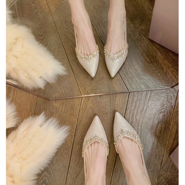 法式尖头高跟鞋女气质水钻真皮细跟水晶鞋两穿婚鞋不累脚浅口单鞋