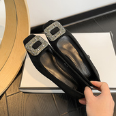 低跟方头单鞋 小香风百搭平底鞋 女黑色浅口绒面水钻工作通勤鞋 法式