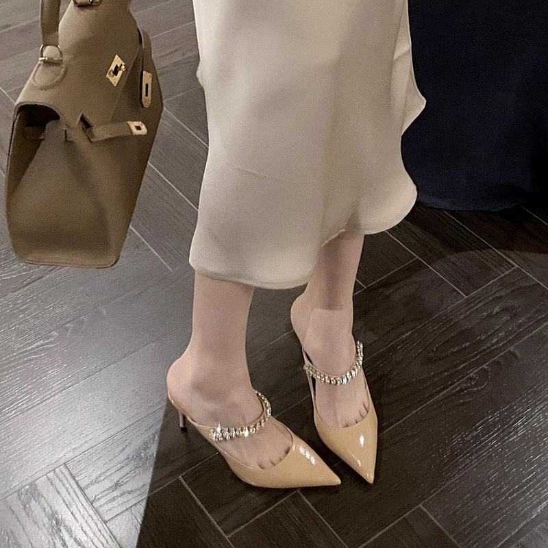 真皮高跟凉鞋女JC同款气质水钻一字带高跟鞋细跟外穿穆勒半拖凉鞋