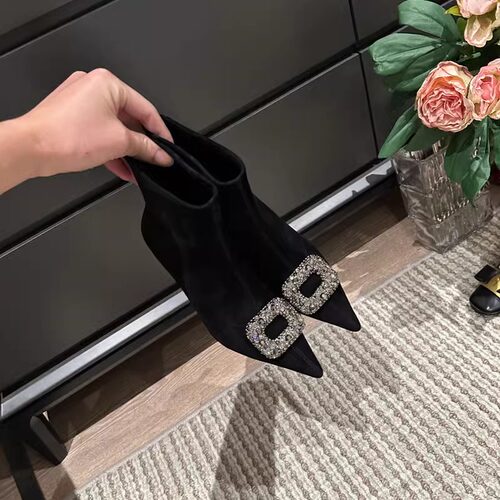 法式尖头细跟短靴女羊猄皮配裙子黑色加绒水钻高跟弹力瘦瘦袜靴子