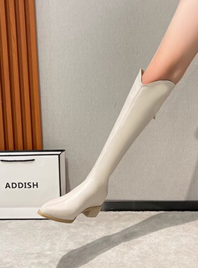 白色长筒靴女2023新款秋冬小个子内增高V口显瘦不过膝尖头骑士靴