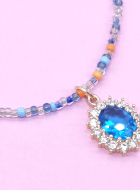 原创不掉色成人儿童亲子项链米珠海蓝色椭圆宝石儿童项链水晶项链