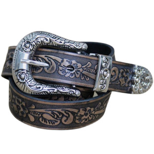 浅棕色唐草压花仿古扣头三件套头层牛皮真皮腰带青年百搭男女通用