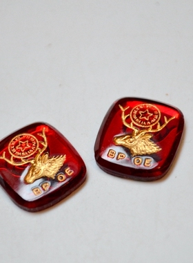 美国进口【红色】宝石麋鹿标志方形贴片老货古董手作材料