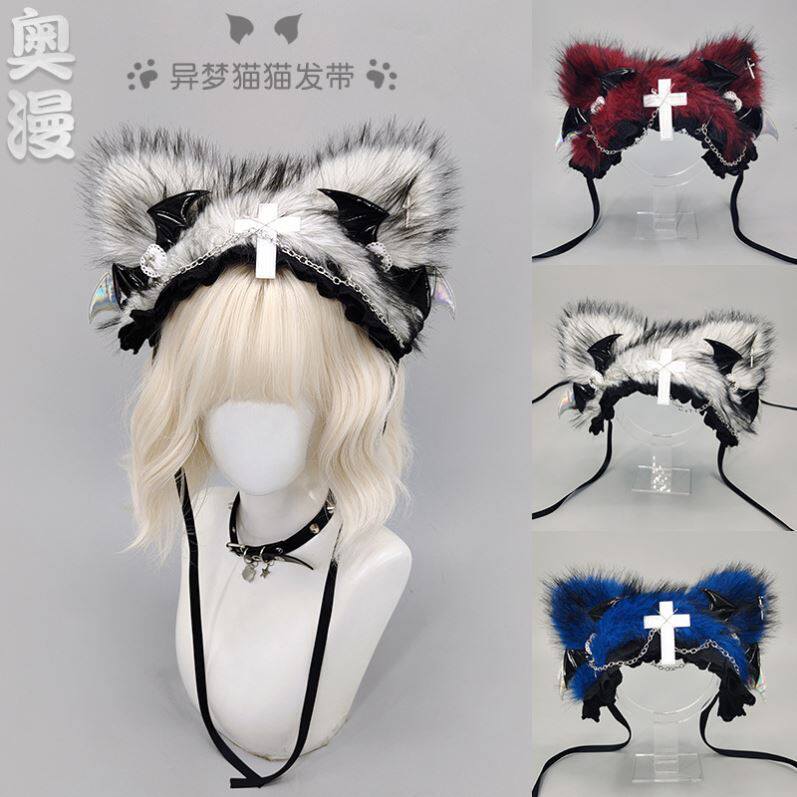 亚文化辣妹猫耳金属发带朋克风摇滚个性头饰暗黑系哥特风毛绒发夹