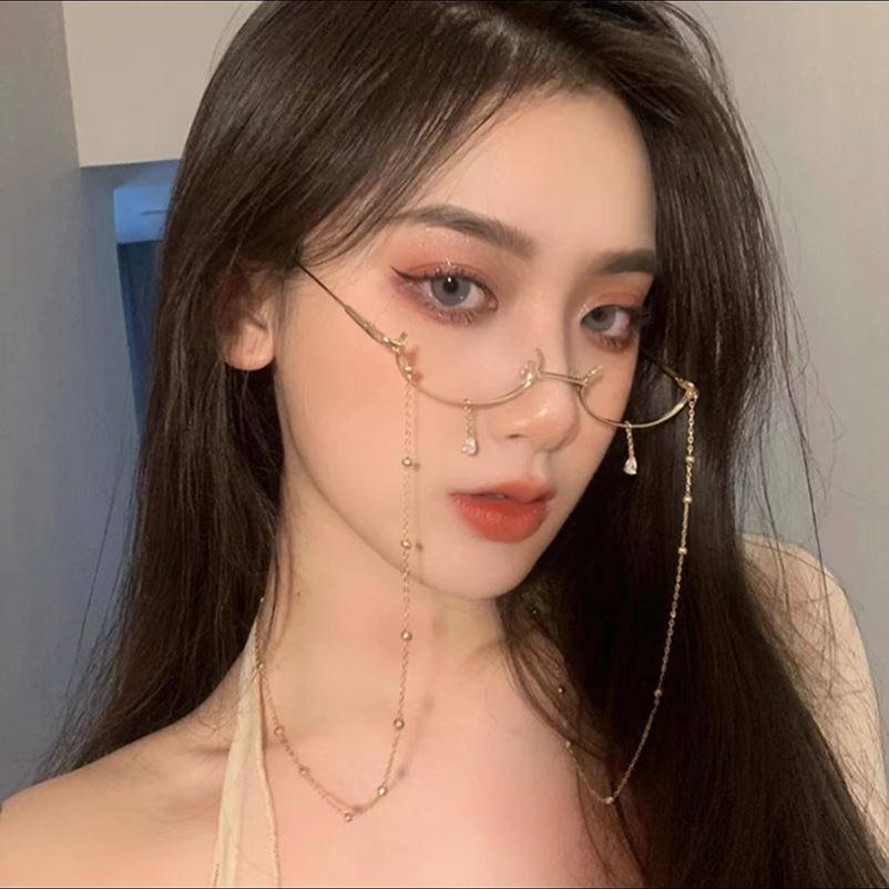 半框眼镜女金丝链条下镜框