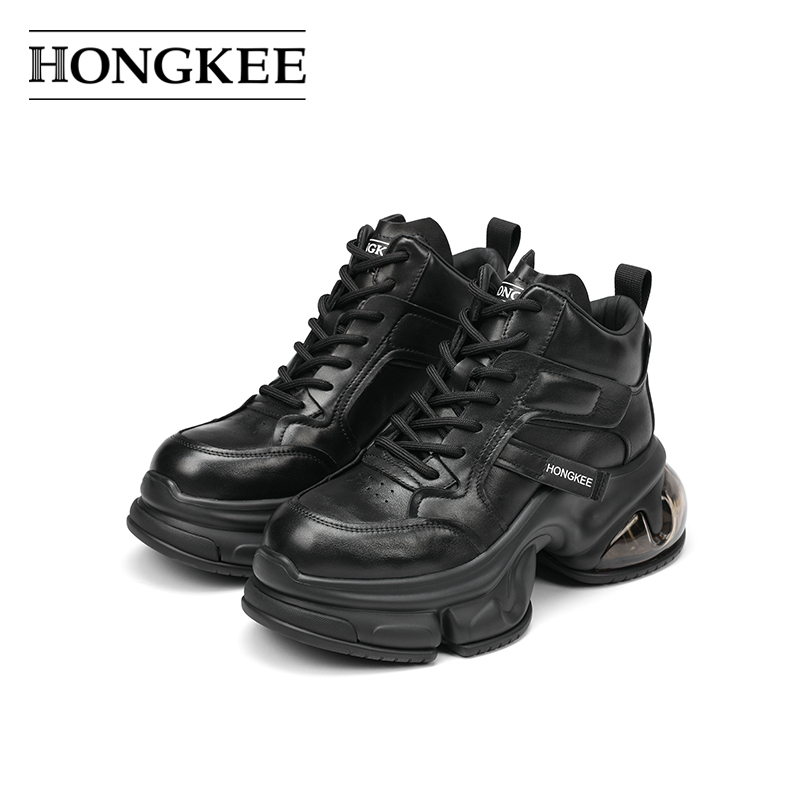 Hongkee/红科新款鞋子女秋冬牛皮黑色老爹鞋高帮休闲鞋HC64X400