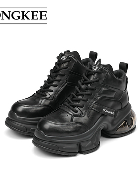 Hongkee/红科新款鞋子女秋冬牛皮黑色老爹鞋高帮休闲鞋HC64X400