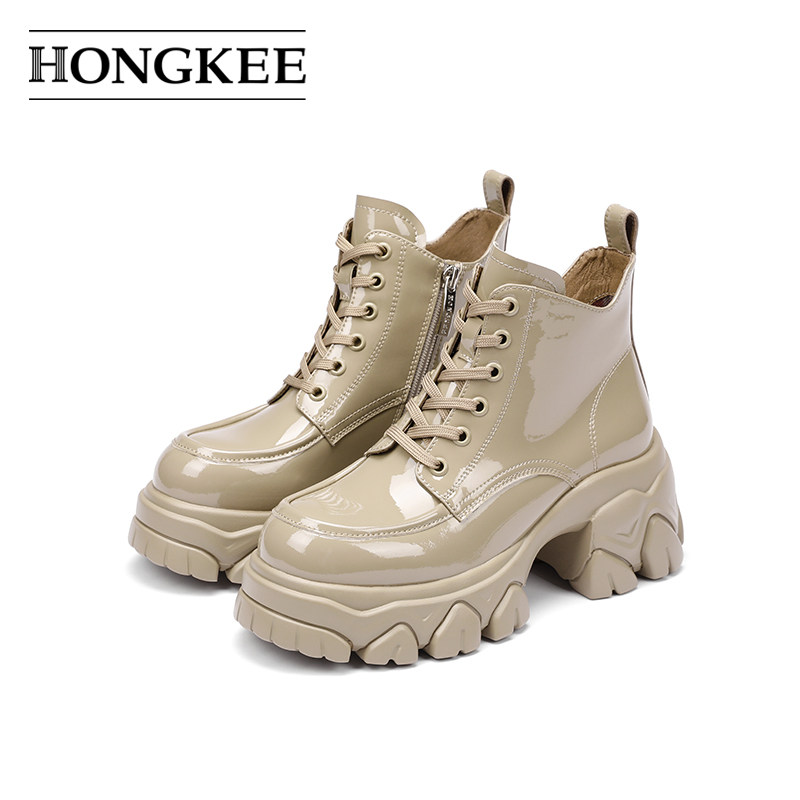 Hongkee/红科女靴新款圆头厚底粗跟亮面时尚短靴及踝靴HA84M400