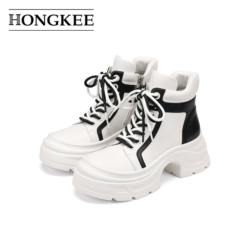 Hongkee/红科靴子牛皮马丁靴女款拼色厚底短靴H654D400