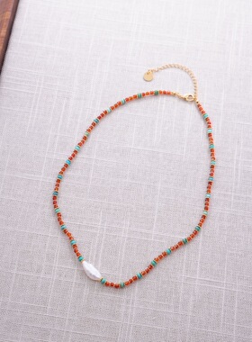 小众设计感复古风红玛瑙绿松石巴洛克珍珠天然石颈链项链法式浪漫