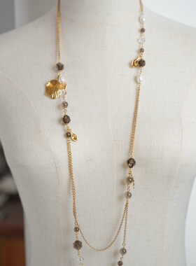 小众设计感茶晶珍珠复古风叶子吊坠创意天然石纪念项链毛衣链饰品