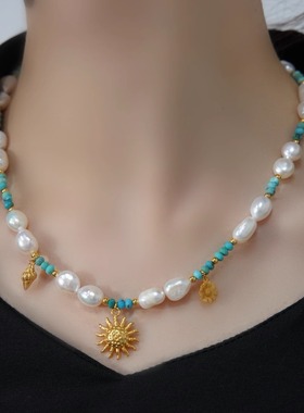 天然绿松石珍珠项链女夏日清新