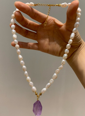 小众设计紫水晶天然珍珠项链