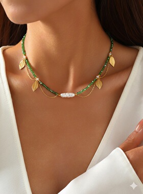 小众新款轻复古叶影串珠牙签珍珠项链轻奢百搭高级感法式浪漫优雅