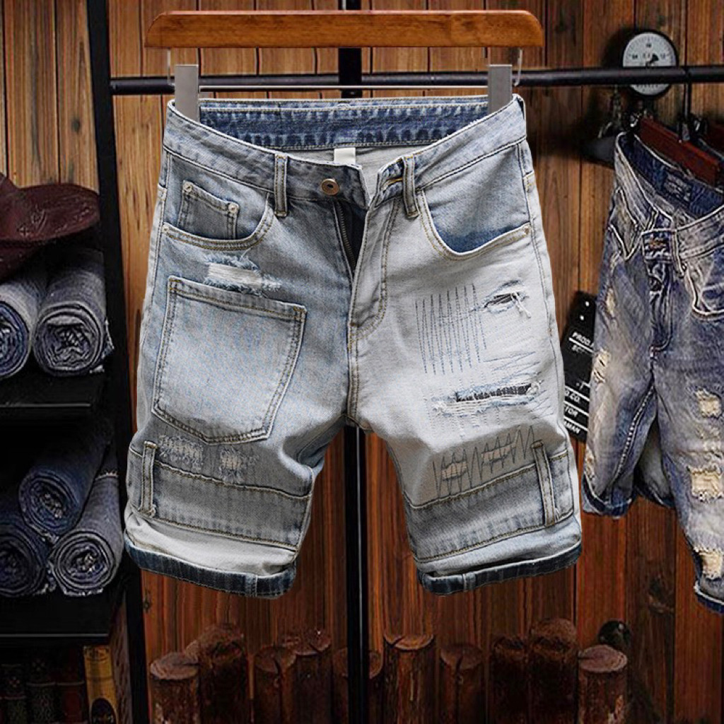 夏季薄款牛仔短裤男修身个性破洞多口袋拼接五分裤男中裤潮流浅色