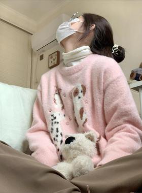 NTOT美式复古仿貂毛毛衣女秋冬小狗提花宽松软糯针织衫圆领套头上
