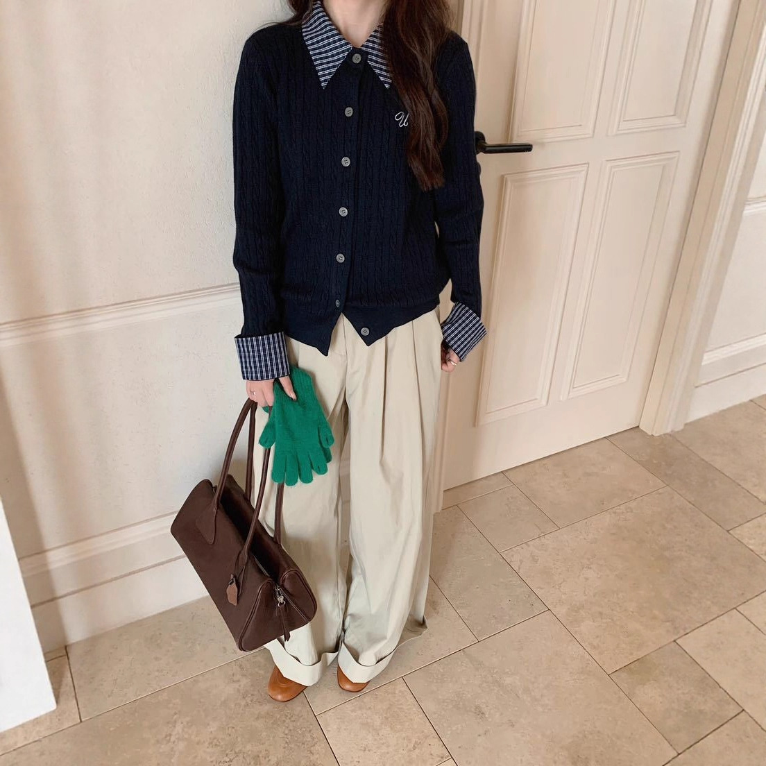 NTOT假两件格子衬衫领针织开衫女秋冬新款刺绣麻花毛衣外套内搭上