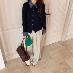 NTOT假两件格子衬衫领针织开衫女秋冬新款刺绣麻花毛衣外套内搭上