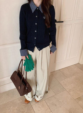 NTOT假两件格子衬衫领针织开衫女秋冬新款刺绣麻花毛衣外套内搭上