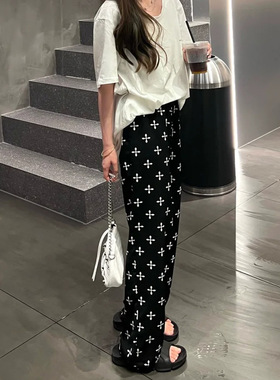 NTOT凉凉裤冰雪丝夏季薄款显瘦高腰松紧直筒垂感印花裤拖地休闲长
