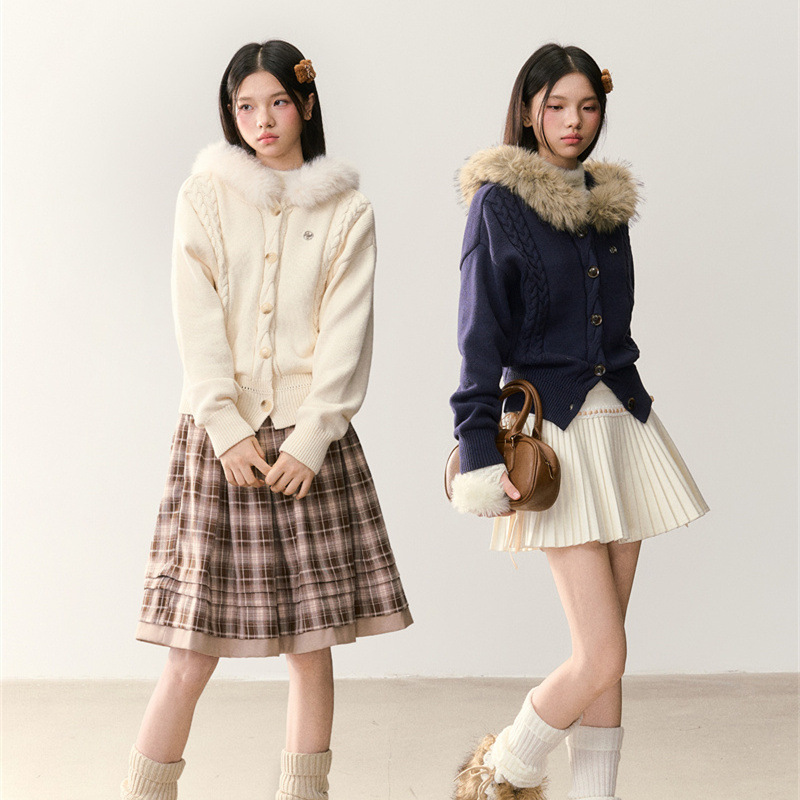 NTOT毛绒连帽毛衣外套女麻花针织开衫