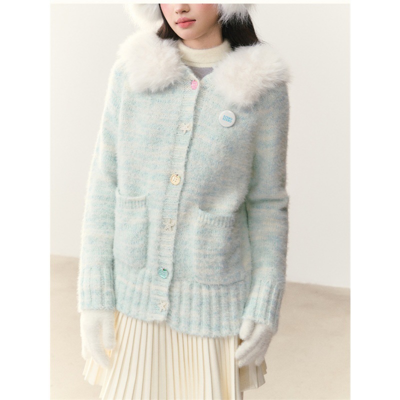 NTOT2025新款毛衣慵懒风百搭小清新毛领连帽针织开衫女毛衣外套