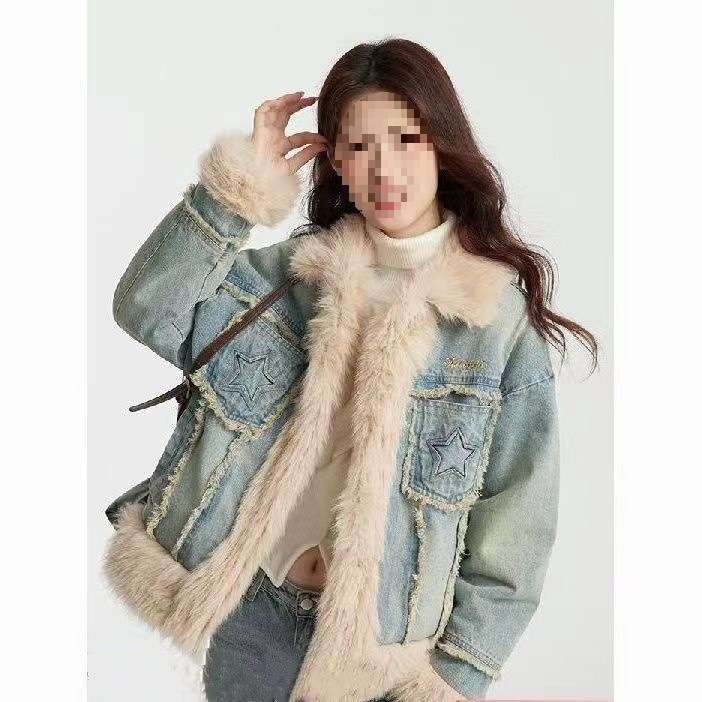 NTOT胖妹妹大码复古拼接牛仔毛毛派克服外套女冬季加厚保暖皮草羽