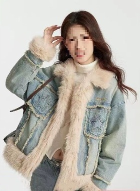 NTOT胖妹妹大码复古拼接牛仔毛毛派克服外套女冬季加厚保暖皮草羽
