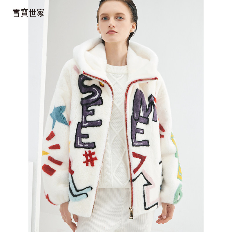 进口貂皮大衣女连帽短款时尚年轻款整貂皮草外套2023新款秋冬季