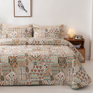 波西米亚夹棉绗缝加厚纯棉床单单件美式田园花卉床盖单件双面夹棉