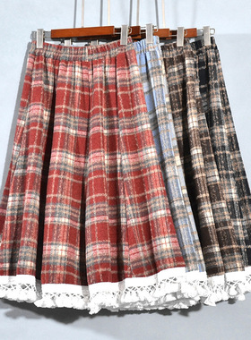 冬季格子a字裙子半身裙女2024新款秋冬毛呢镂空加厚大摆过膝长裙A