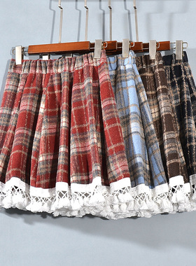 格子jk短裙女秋冬半身裙2024新款小个子毛呢a字半裙秋季厚款裙子