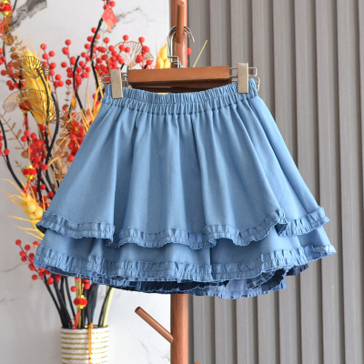 牛仔短款A字木耳边蛋糕半身裙