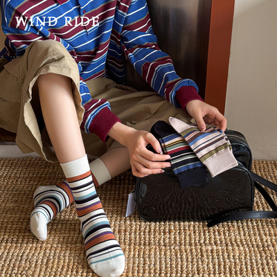 韩版长绒棉条纹女中筒袜冬季保暖