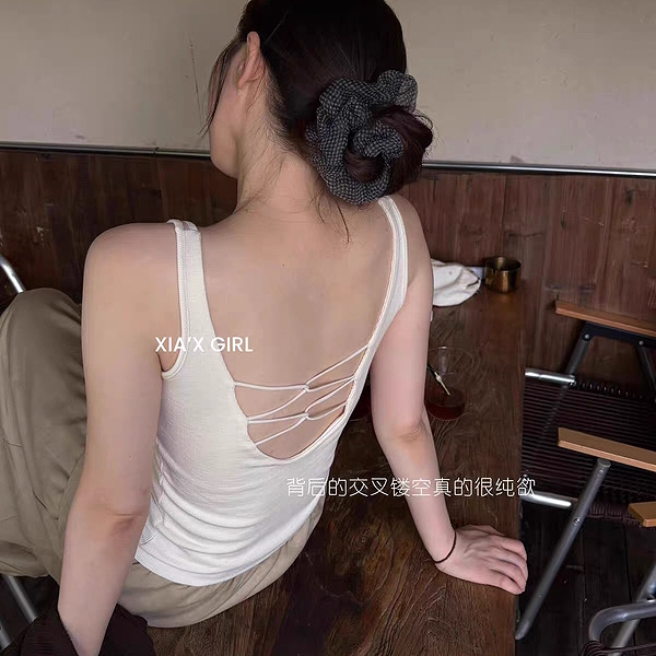 棉质交叉吊带背心女带胸垫一体式