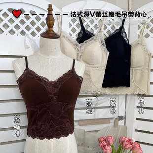 2532法式 蕾丝秋冬磨毛吊带背心女固定杯内搭美背打底聚拢内衣上衣