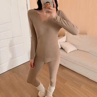 小奶椰V领蕾丝套装纯欲保暖内衣